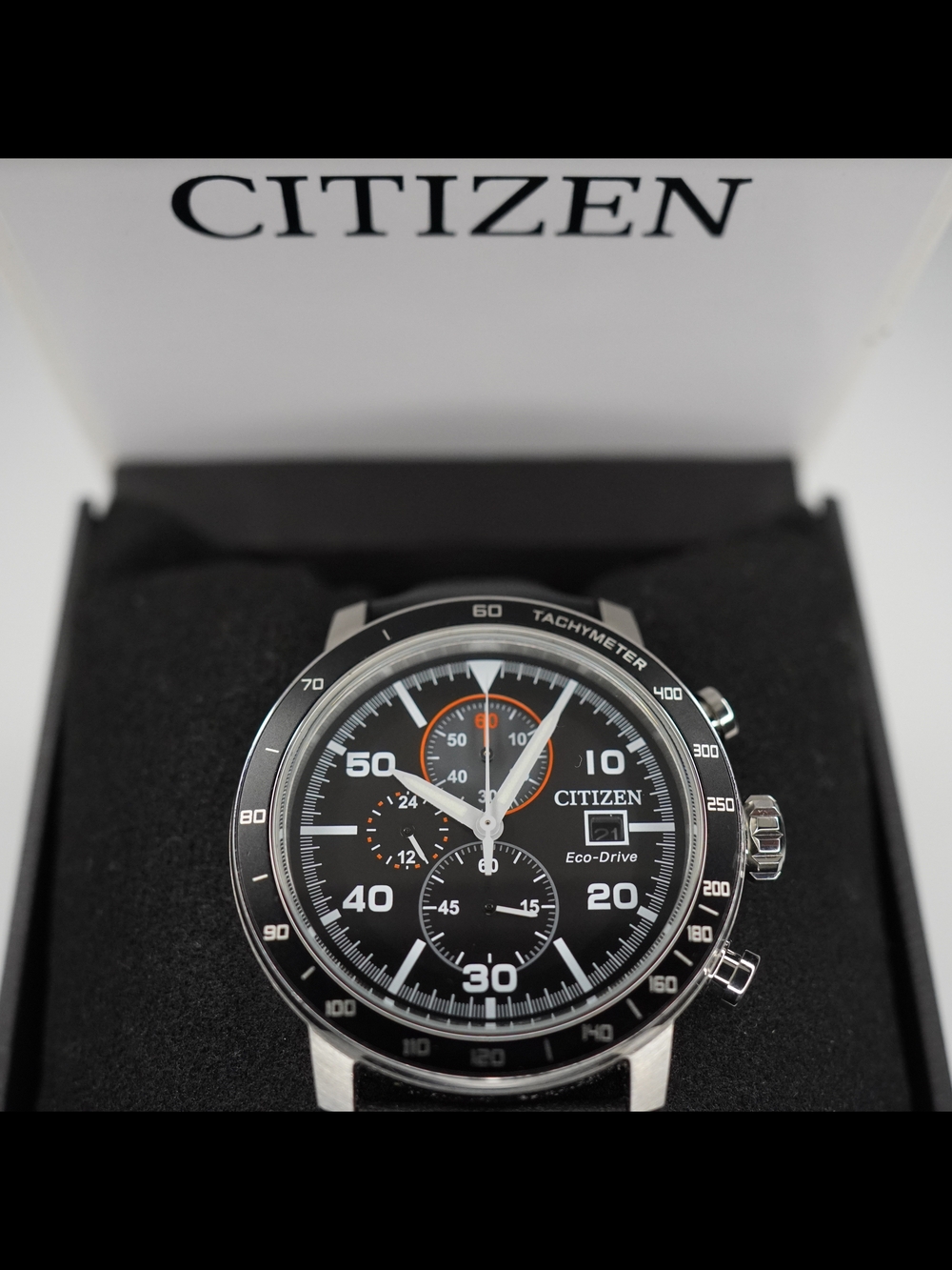 Citizen Brycen CA0649-14E Eco-Drive Chronograph Black Dial Leather Strap Watch